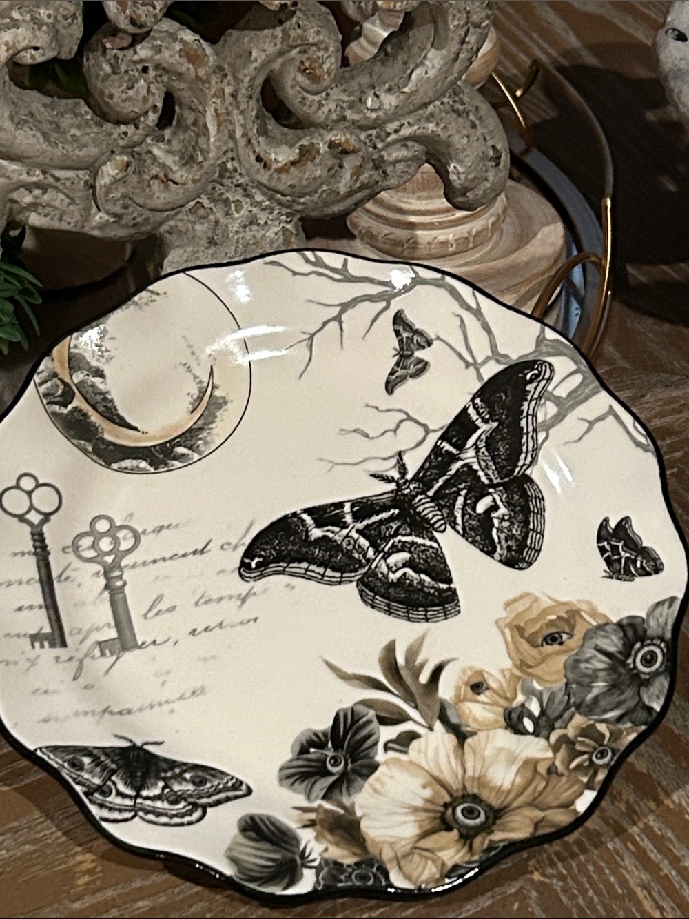 NEW! Gothic Black Butterfly Moth & Floral Toile Floral Ceramic Serving Plate - Picture 5 of 7